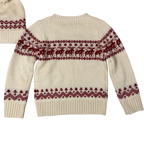 Maximus Rex Kids Fair Isle Sweater Hat Set Cream Red Reindeer Nordic Holiday NWT - Picture 2 of 7